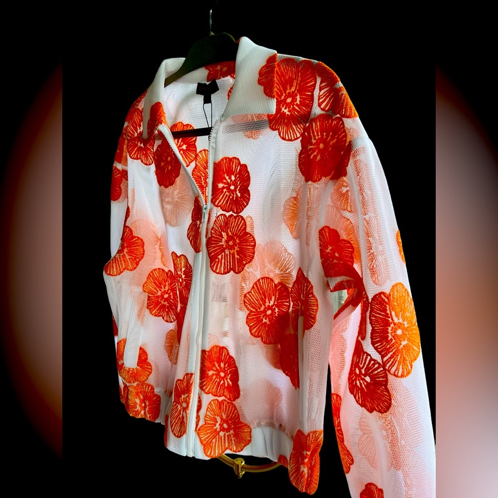 Jerry T. Mesh Bomber Jacket Orange Flowers on White